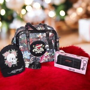 Ed Hardy 4PC Bundle Floral Skull Bowler Bag, Wallet, Bag Charm & Knit Beanie NWT